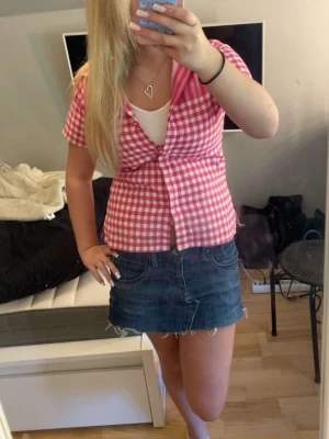 Rutig rosa och vit blus med v-ringning - Söt blus i rosa och vitt rutigt mönster med korta ärmar och v-ringning. Blusen har en knapp framtill och är figurnära i modellen. Perfekt för dig som gillar en ungdomlig och trendig stil.