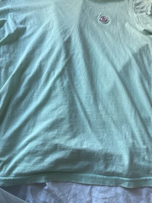Ljusgrön t-shirt med liten logga - Säljer en ljusgrön t-shirt i mjuk bomull med en liten rund logga på bröstet. T-shirten har klassisk passform och korta ärmar, perfekt för en avslappnad stil.