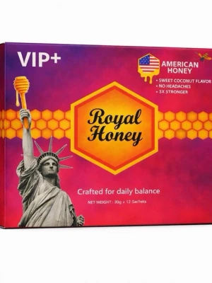 Royal Honey VIP+ Amerikansk honung -  Royal Honey VIP+ med amerikansk honungssmak och söt kokosnötssmak. Lådan har en färgstark design i lila, orange och gult med Frihetsgudinnan på framsidan. Innehåller 12 portionspåsar à 20g. Perfekt för daglig balans.