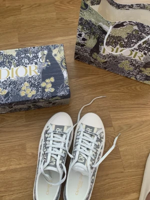 Dior vita och grå låga sneakers - Säljer ett par snygga Dior sneakers i vitt och grått med klassiskt Dior-mönster och vita snören. Skorna har låg profil, rund tå och tydlig logga på plösen. Perfekta för dig som vill ha en exklusiv och trendig look.