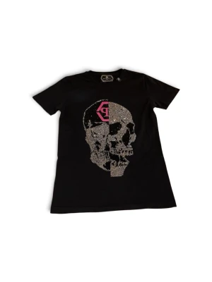 Svart Philipp Plein t-shirt med glittrig döskalle - Svart t-shirt med ett stort glittrigt döskallemotiv framtill. Trycket har detaljer i silver och en rosa logga på ena sidan av skallen. T-shirten har rund hals och korta ärmar, perfekt för en edgy streetstil.