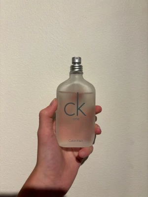 CK One parfym från Calvin Klein - Minimalistisk och stilren parfymflaska i frostat glas med silverfärgad spraykork. CK One-loggan syns tydligt på framsidan. Doften är unisex och flaskan har en modern, enkel design som passar perfekt i badrumshyllan.