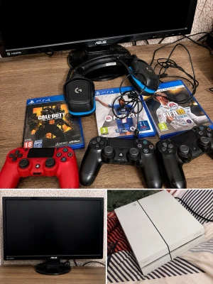 Vit PlayStation 4 med tillbehör - Säljer en vit PlayStation 4 med tre handkontroller (två svarta, en röd), headset och tre spel: Call of Duty Black Ops 4, FIFA 21 och FIFA 23. Asus skärm på 24 tum. Vid pris eller frågor kontakta gärna mig.