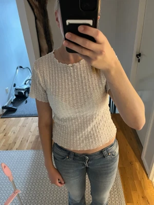  spetsig croppad topp - Säljer en croppad topp med korta ärmar och spetsdetaljer. 