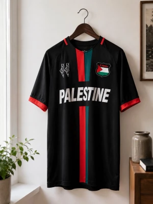 Svart fotbollströja Palestine - Säljer en svart fotbollströja med texten 'PALESTINE' på framsidan och emblem på bröstet. Tröjan har röda och gröna detaljer längs mitten och ärmslut, samt vit karta på ryggen. Perfekt för dig som vill sticka ut på planen.