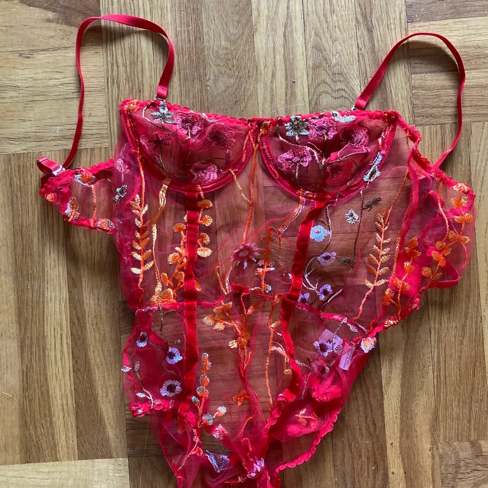 Aldrig använd! body/lingerie röd genomskinlig body. Beställde online och för liten för mig. Har broderade blommor på och är så fin! Skriv om ni har en prisönskan. Övrigt.