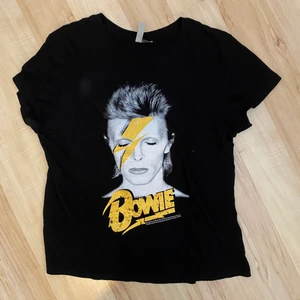 David Bowie t-shirt - T-shirt med David Bowie i fint skick. Texten är i guldglansigt material. Strl M. Köparen står för spårbar frakt. 