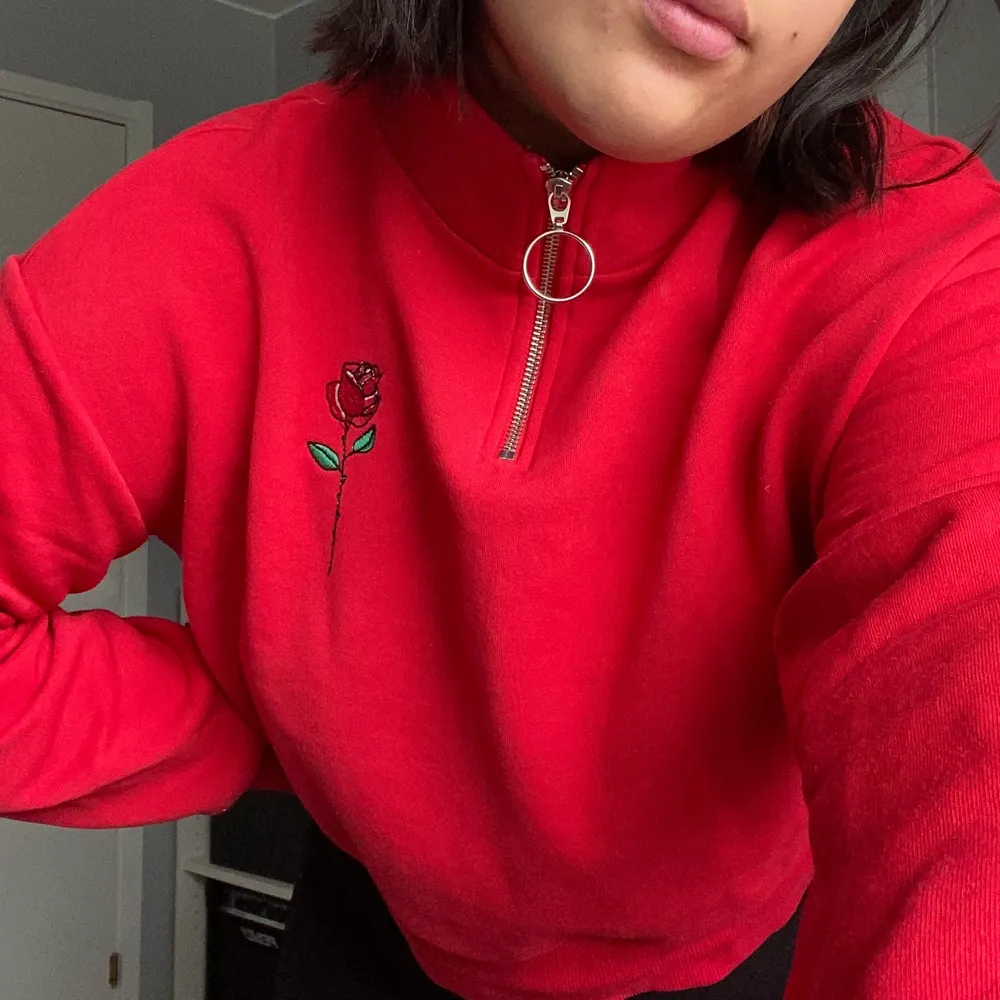 Röd tröja från H&M med dragkedja och rosmotiv. Kort passform. Hyfsat bra skick. Jag bär vanligtvis storlek M/L på toppar/tröjor och är 172 cm lång.. Tröjor & Koftor.