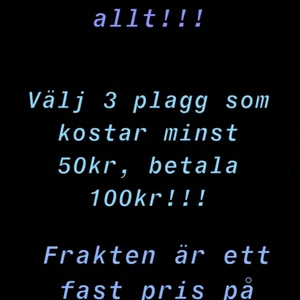 Rea!!! - Tjena! Vill bli av med allt onödigt som tar plats i garderoben. OBS!⚠️ står fel på bilden. Varorna måste kosta 50kr, ej mer! Gäller alltså bara plagg som kostar 50kr. Välj 3 plagg som kostar  50kr styck, och betala endast 100kr. Frakten är ett fast pris på 66kr och är spårbar. Hör av er vid frågor! Gäller även smycken, smink, böcker eller liknande. Köper du 2 plagg eller 1 så gäller vanliga pris.