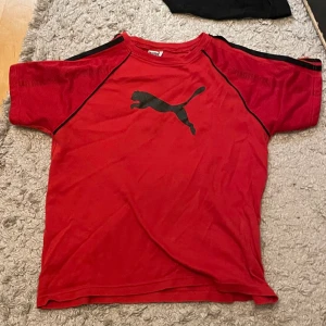 Puma t-shirt - Röd Puma t-shirt köpt här på plick! Säljer då den inte kommit så mycket till användning.På en av ränderna på axeln har ståden släppt (kolla sista bilden). Skriv för frågor!