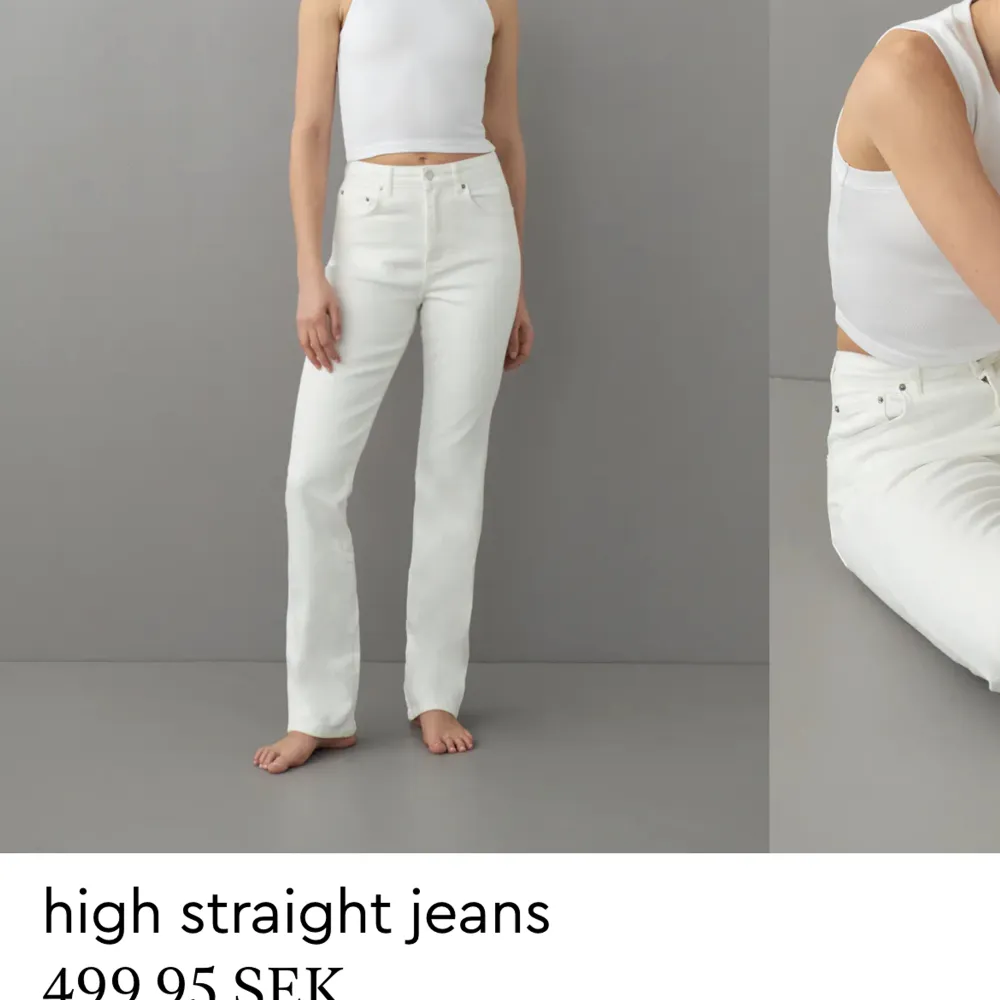 Fina vita högmidjade jeans från gina ”high straight jeans”. Endast använda en gång så i gott skick🥰 Har dock några svarta märken vid bakfickan (se bild 3) men de är knappt synliga. Pris går att diskutera.. Jeans & Byxor.