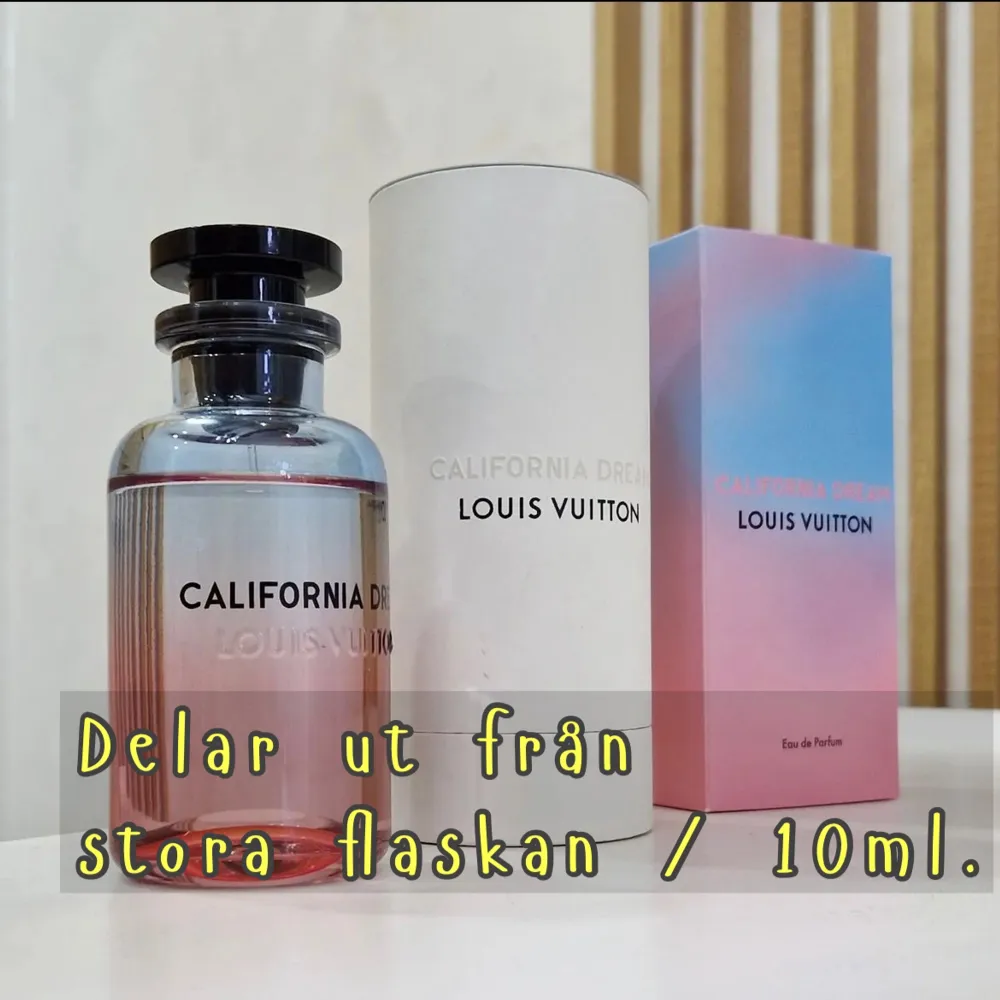 Säljer nu en LV parfym som jag delar ut från stora flaskan till en 10 ml flaska. Enkel att använda med sprejen och kan ta med under resan.   Nypris : 3450kr  California dream är en av de topplistan som doftar otrolig gott och passa perfekt till somma. Övrigt.