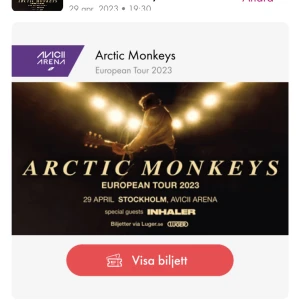 1 ståplats arctic monkeys konserten  - Jag behöver få denna biljett såld på direkten för konserten är imorgon! TRYCK INTE PÅ KÖP DIREKT! Det gills inte då. Betalning sker genom Swish o överföring genom appen axs.