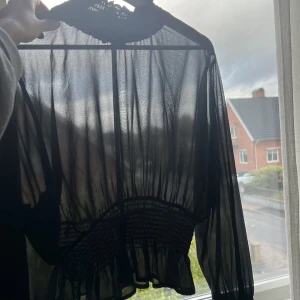 Genomskinlig blus. - En genomskinlig blus som är hög i halsen och sitter åt i midjan.
