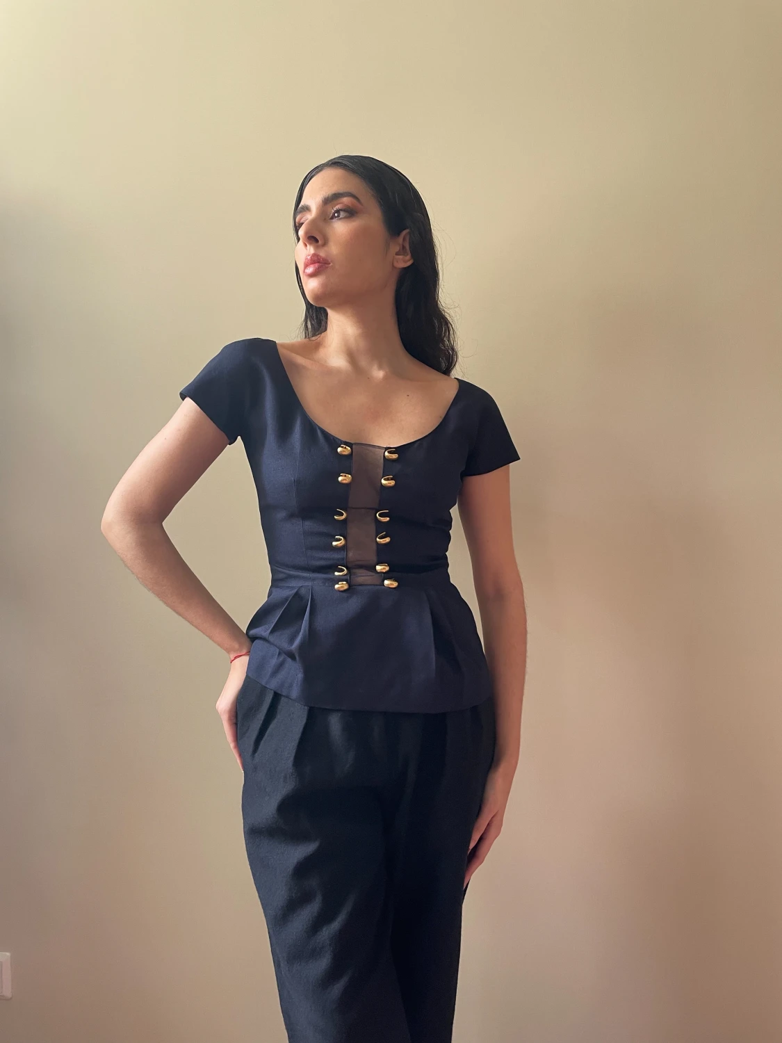 VINTAGE 90S VALENTINO NAVY WITH MESH PANEL PEPLUM TOP - 90