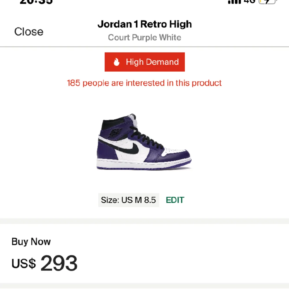 Hej säljer mina Jordan 1 retro High säljer mina Jordan 1 retro High Court Purple White. Dom är i 9,5 skick lite sliten under sida men inget som syns tidligt . Skor.