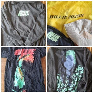 Se hit Billie Eilish fan! - Säljer ett kit m kläder & "merch". 1 svart, 1 grå hoodie, 1 svart t-shirt. Magväska, Beppehat. Stl 164, obs T-shirten stl 152. Kläderna är välskötta. De svarta har bra svärta & den med Billie på har mjukt ludd kvar. Djur i hemmet, ickerökare.