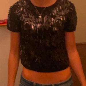 Svart paljett topp - Snygg svart glittrig paljett topp från other stories perfekt för en utekväll eller festlig tillställning. Toppen har en rund halsringning och är täckt av glittrande paljetter som fångar ljuset. Passar disco tema och nyår!
