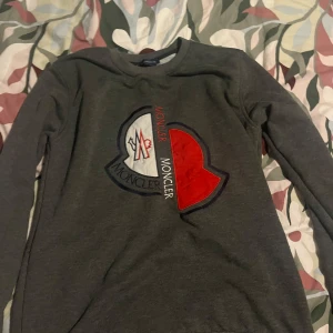 Grå tröja från Moncler - Snygg grå tröja från Moncler med ett stort, broderat märke i rött och vitt på framsidan. Tröjan har långa ärmar och en rund halsringning. Perfekt för en stilren och avslappnad look.