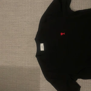 Svart t-shirt från Ami - Säljer en stilren svart t-shirt från Ami med ett rött hjärta broderat på bröstet. Perfekt för en enkel och snygg look. T-shirten är i storlek M och har en normal passform.