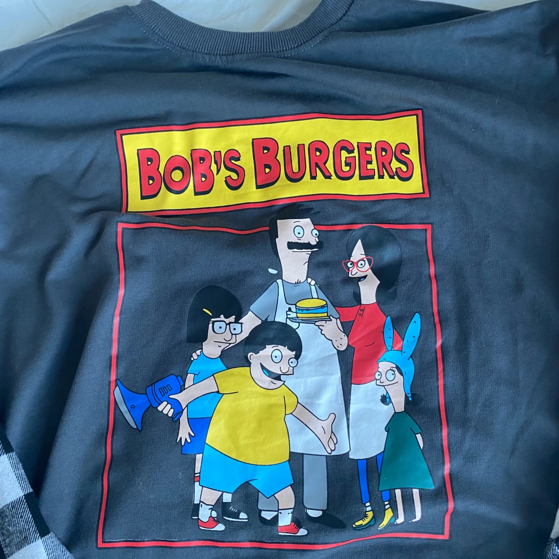 Grå Bob's Burgers tröja med rutiga ärmar - 1