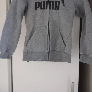 Grå hoodie från Puma - Säljer en grå hoodie från Puma med dragkedja och fickor framtill. Den har långa ärmar och en bekväm passform, perfekt för vardagsbruk. Puma-loggan är tryckt i svart på bröstet.