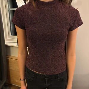 Glittrig vinröd topp - Snygg glittrig vinröd topp med korta ärmar och hög hals. Perfekt nu till nyår! oppen har en tight passform som framhäver figuren. Strl s💕