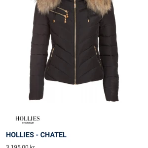 Svart dunjacka med pälsdetaljer från Hollies - Snygg svart dunjacka från Hollies som bara används en gång det går att ta av pälsen runt huvan. Jackan har flera fickor med dragkedjor och en leopardmönstrad insida. Köptes för 3195 kr och säljs för 1500 kr pga av att den ej passar mig. 