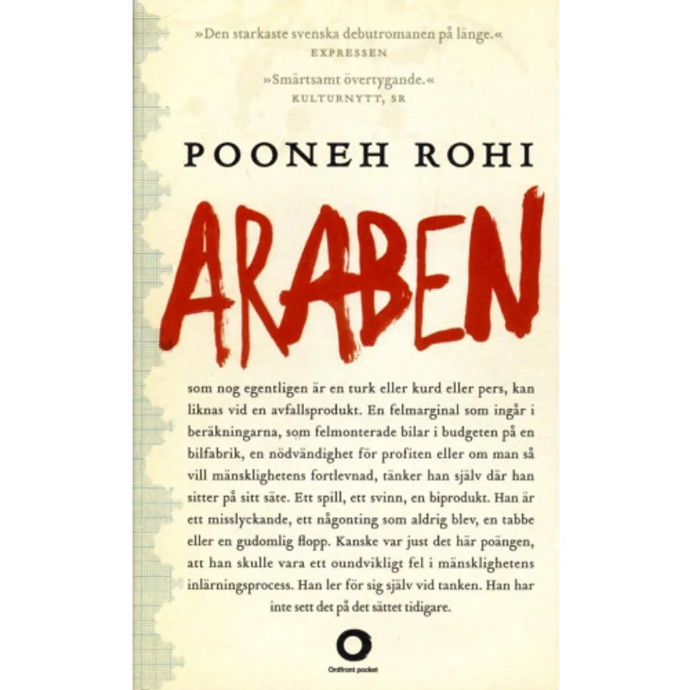 ARABEN RÖR SIG genom ett vitt Stockholm. Under natten har snön fallit, skamlöst och fritt som om den hade rätt att invadera och bosätta sig, som om den på eget bevåg kunde komma och ockupera stadens alla gator. Araben som trampar den har blivit en gammal man. Och drömmen om det nya landet, om att bli ett med det, om att smälta samman, tjäna och nyttjas, är för länge sedan begraven. Någon annanstans i staden finns Yasaman. Hon har lyckats med det. Lyckats så bra att folk tror att hon är adopterad. Så bra att hon letar efter bostadsrätt i närförort med äkta trägolv och högt i tak. Så bra att barndomsminnena från Iran bara är en hägring i minnet, en doft av sältan från havet, en känsla av värme som kväver och fastnar i halsen. Araben är en roman om våra val och om skulden som kommer med dem. Skulden till det nya landet och till allt man lämnat bakom sig. Till barnen, för det som gick förlorat och den förälder man inte klarade av att vara. Och till föräldrarna, för allt det de gav upp. 