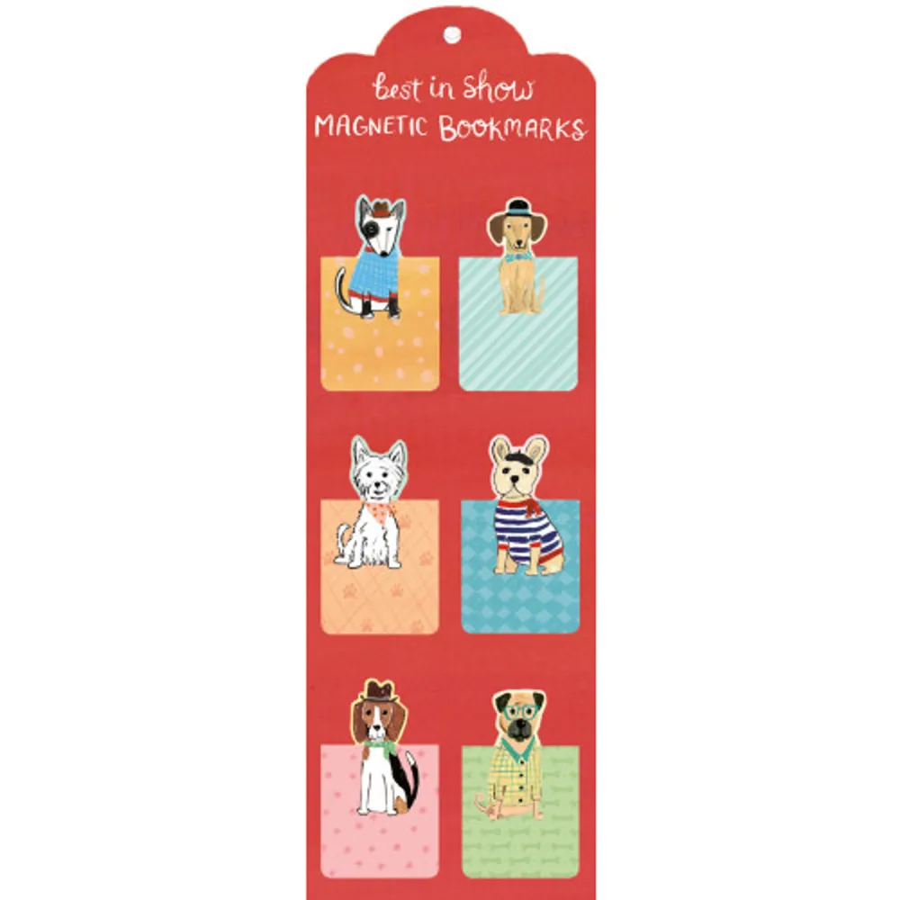 Galison's Best in Show Magnetic Bookmarks feature a delightful collection of whimsically stylish dogs. Heather Strianese has illustrated six undeniably adorable pups—from a bull terrier in a sweater to a bespectacled pug—each die-cut onto a magnetic clip which securely saves your place in any book or magazine. Man's best friend becomes reader's best friend with this fun and functional bookmark set.• 6 die-cut magnetic bookmark clips, 6 designs• Packaged in polybag• Package: 2.75 x 7.75