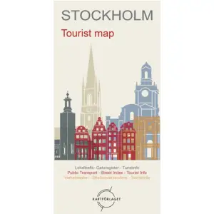 Detaljerad karta över centrala Stockholm i fickformat med register. Specialkarta över Gamla stan. Pendeltåg, spårväg och tunnelbana med stationer redovisade. Teckenförklaring på svenska och engelska.