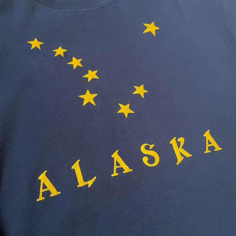 Vintage Alaska tröja med tryck i gult. Tröjan är i bra skick och perfekt för höst och vinter. Den är gjord av en skön blandning av bomull och polyester, vilket gör den både varm och gosig. . Tröjor & Koftor.