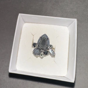 Caroline Svedbom Silverfärgad ring med stor kristall - Säljer en superfin silverfärgad ring med en stor, droppformad kristall i mitten. Ringen har också mindre kristaller runt om som ger extra bling. Perfekt för att glamma upp vilken outfit som helst! Märket är Caroline Svedbom. Oanvänd! Ask ingår