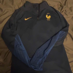 Mörkblå långärmad tröja från Nike - Säljer en mörkblå långärmad tröja från Nike med gulddetaljer och ett emblem på bröstet. Tröjan har en dragkedja vid halsen och är tillverkad i Dri-FIT-material för optimal komfort. Perfekt för sportiga aktiviteter.