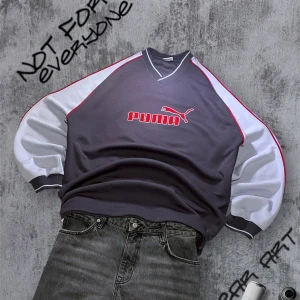 Oversize Vintage tröja från Puma - Säljer en snygg grå tröja från Puma med röda detailer. Tröjan har en klassisk Puma-logga på bröstet. Retro Tröja i Oversize passform