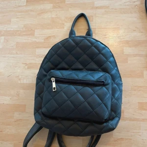 Liten ryggsäck i fuskläder  - En svart liten ryggsäck använd bara ett par gånger. Den är 30 cm hög och cirka 25 cm som bredast. Väskan har guld färgade spännen och även en liten fick inuti.