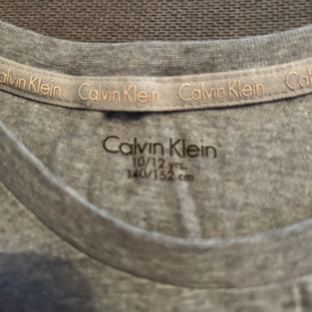 Säljer en stilren grå t-shirt från Calvin Klein. Den har en klassisk passform med korta ärmar och ett stort tryck med märkesnamnet på framsidan. Perfekt för en avslappnad look!. T-shirts.