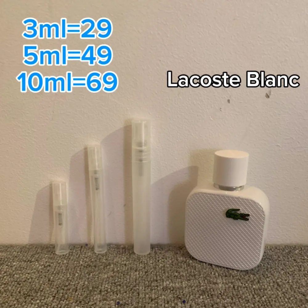 Jag säljer samples av Lacoste blanc, en manlig trä och citrus doft som passar till alla tillfällen. Parfym.