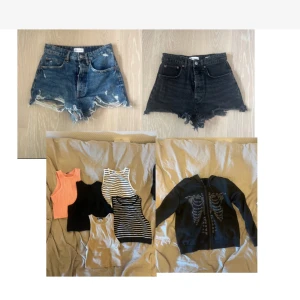 Två par jeansshorts - säljer allt på bilden för ett billigt pris. shortsen är i storlek 36, topparna är i storlek M och hoodie är i storlek M