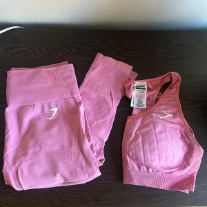 Rosa träningsset från Gymshark - Snyggt rosa träningsset från Gymshark. Setet består av en sport-bh och matchande leggings. Bara använt 1-2 gånger! (Strl S på byxor, M på toppen) Kan säljas separat, Tights:200kr, top:150kr. Tillsammans 300kr