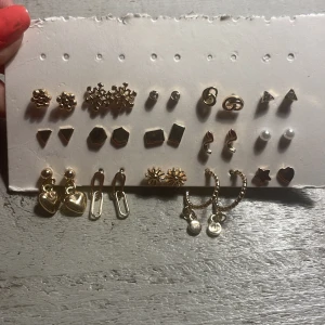 Set med guld örhängen - Ett set med olika örhängen i guld- och silverfärger. Inkluderar hjärtformade, pärlor, geometriska former och blommotiv. Perfekt för att mixa och matcha till olika stilar.