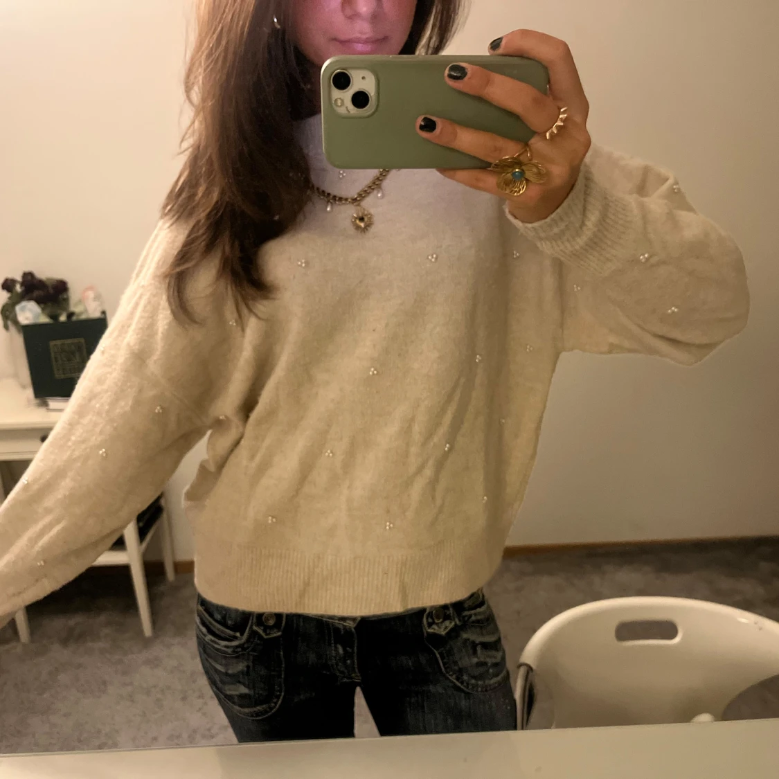 Beig stickad tröja med pärlor - 90