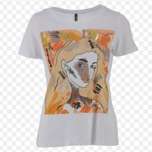 Vit t-shirt med konstnärligt tryck - Säljer en cool vit t-shirt med ett konstnärligt tryck av ett ansikte i orange och svart. Perfekt för att ge din outfit en unik touch. T-shirten har korta ärmar och en normal passform. Perfekt för vardagsbruk eller en avslappnad dag ute. Märke: Colins. Oversize modell