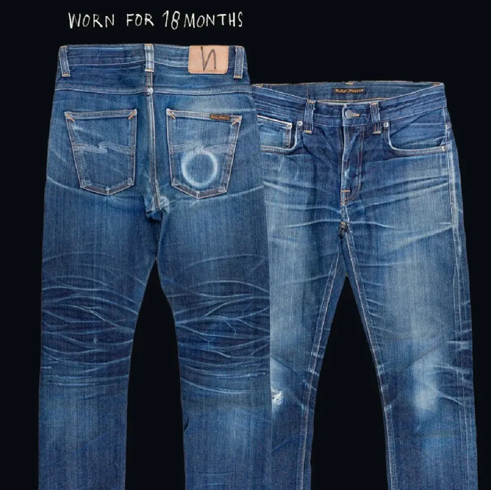 Ett par sjukt snygga nudie jeans i modellen “Thin Finn” | jeansen är raw vilket innebär att dom fadear när man använder och hur man använder dom | storlek W30/L32. Jeans & Byxor.