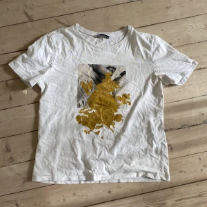Vit t-shirt med guldtryck från Zara - Vit t-shirt från Zara med coolt tryck framtill: ett svartvitt porträtt och abstrakt guldmönster ovanpå. Klassisk rund hals och korta ärmar. Perfekt för dig som gillar unika prints och streetstyle. Tröjan kan vara något gul under armarna. 