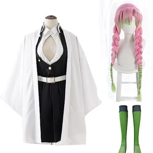 Mitsuri Kanjori Cosplay - Komplett cosplay av Mitsuri Kanroji från Demon Slayer. Inkluderar svart klänning med vit bälte, vit kappa, gröna knästrumpor. Perfekt för animefans och cosplay-evenemang. Använd endast 3 gånger. Kan säljas med peruken också, så blir det billigare också!