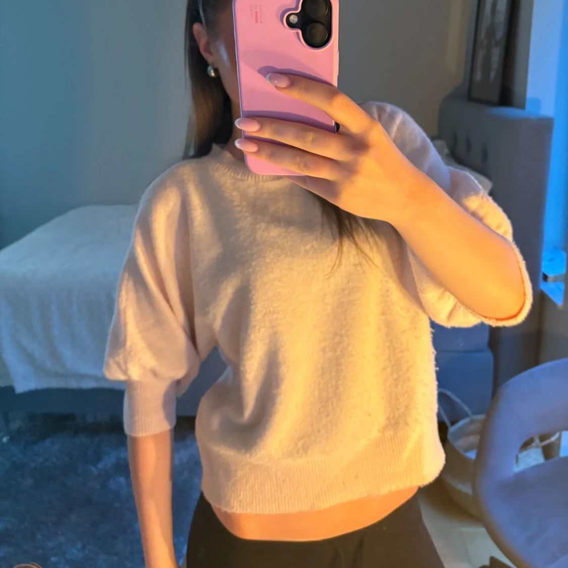 Ljusrosa stickad tröja med trekvartsärm - 1