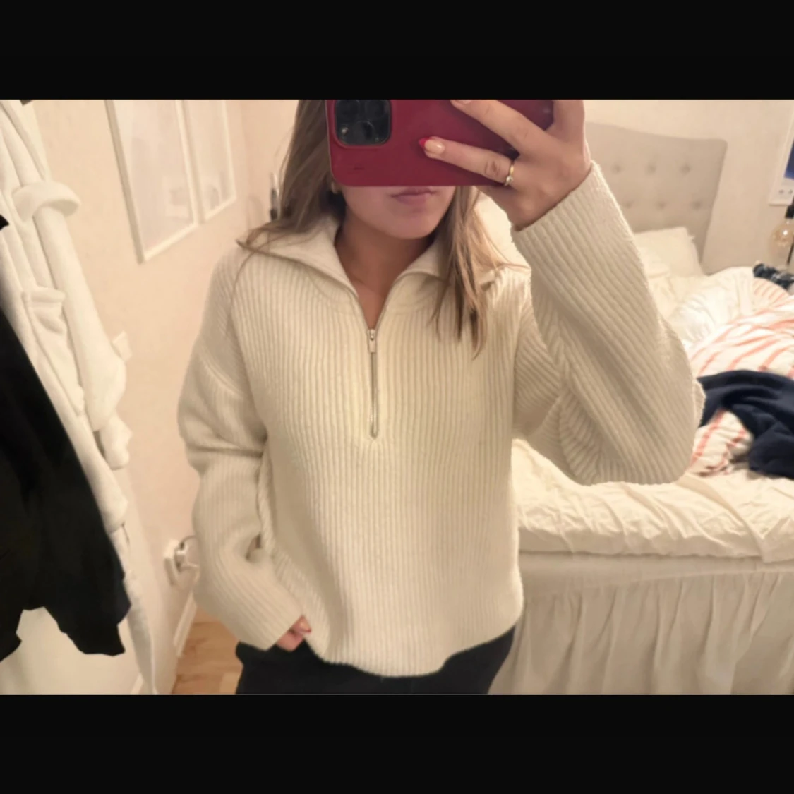 Vit ribbad half zip tröja BikBok - 1