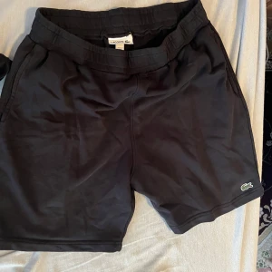 Svart shorts och T shirt från Lacoste - Svarta shorts och T shirt från Lacoste med klassisk design och elastisk midja. Shortsen har sidofickor och den ikoniska gröna krokodilloggan broderad längst ner. Storlek L men passar mig som M. Säljs som en dress.