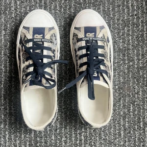 Sneakers från Christian Dior - Snygga sneakers från Christian Dior med ett unikt mönster i beige och blått. Skorna har svarta snören och en vit sula med märkets namn på sidan. Sparsamt använda. Normala i storlek. 💗💗
